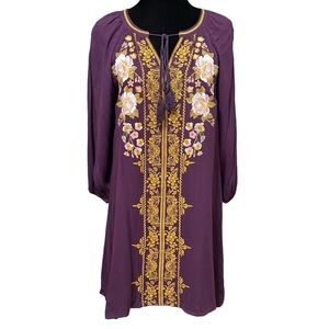 Andree by Unit Purple Embroidered Boho Peasant Dress Floral Small